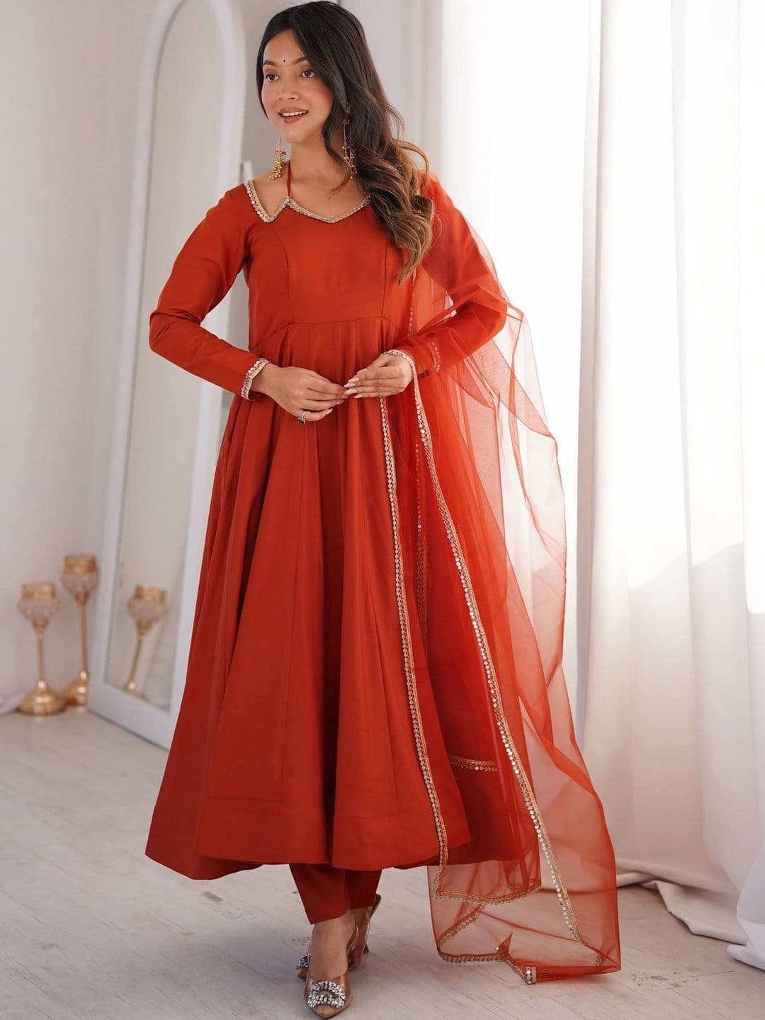 SAJAVAT ETHENIC WEAR Women Regular Gotta Patti Chanderi Silk Kurta with Trousers & With Dupatta - view 1