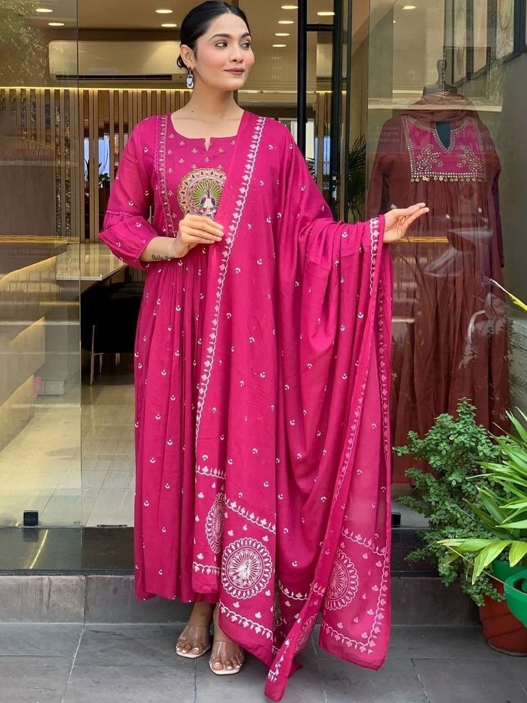 FIC FUSION CULTURE Women Ethnic Motifs Printed Empire Thread Work Kurta with Trousers & With Dupatta - view 1