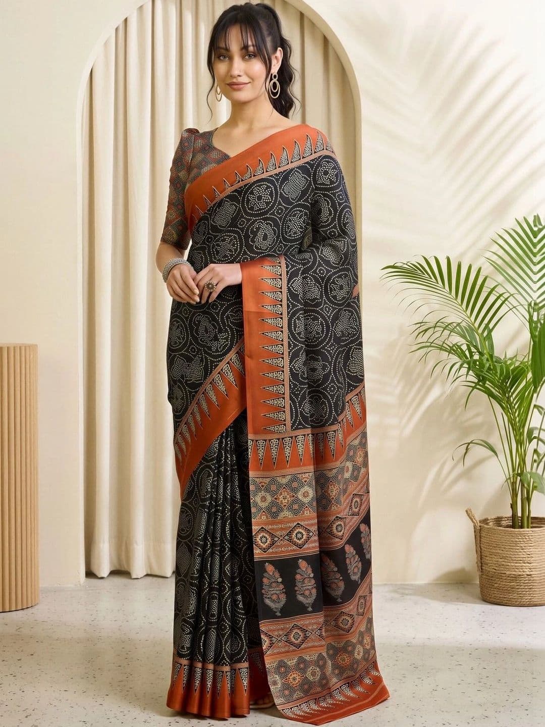 Saree mall Batik Satin Designer Block Print Sarees - view 1