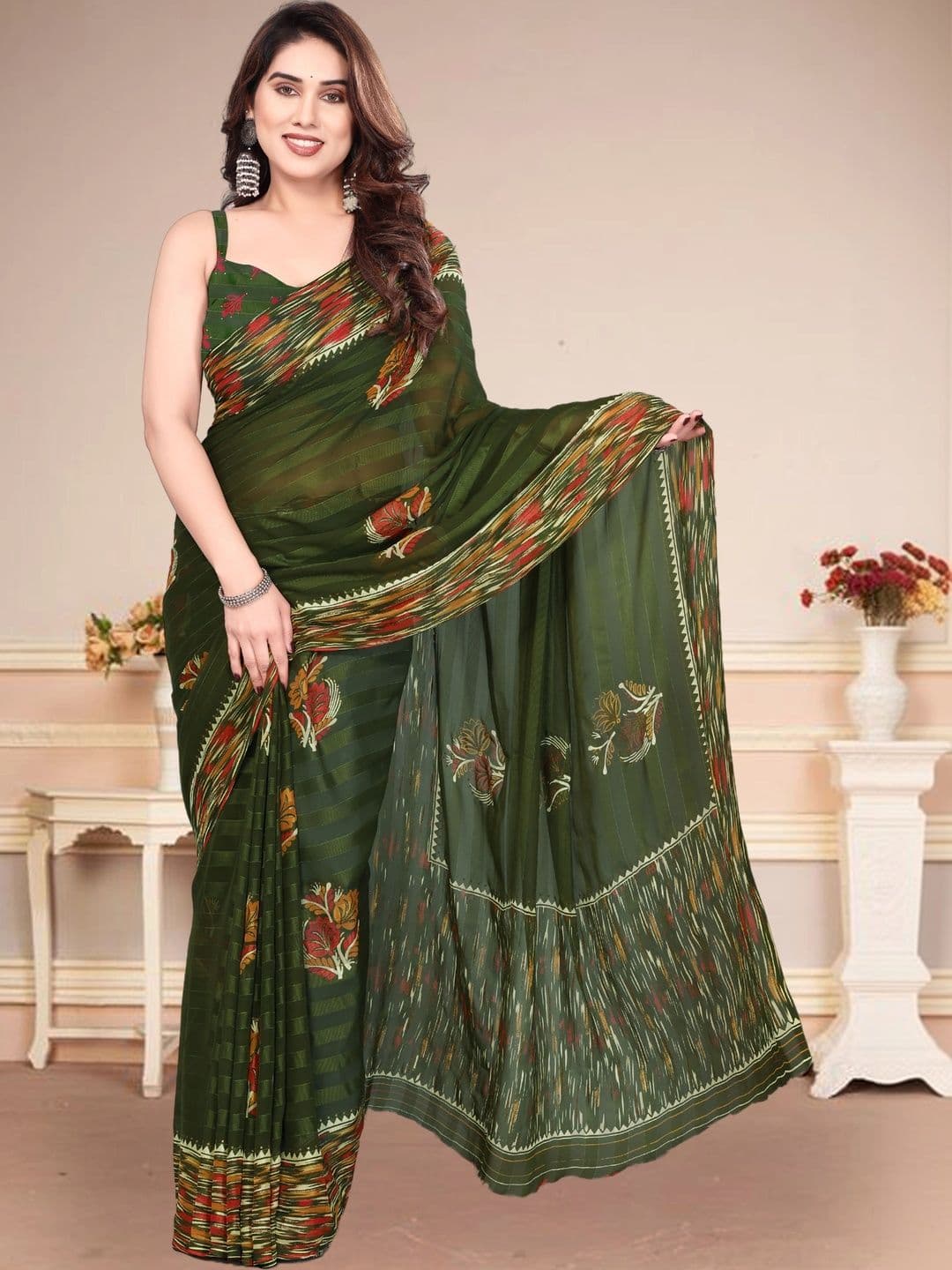 Owee Women Floral Printed Zari Pure Chiffon Designer Saree - view 1