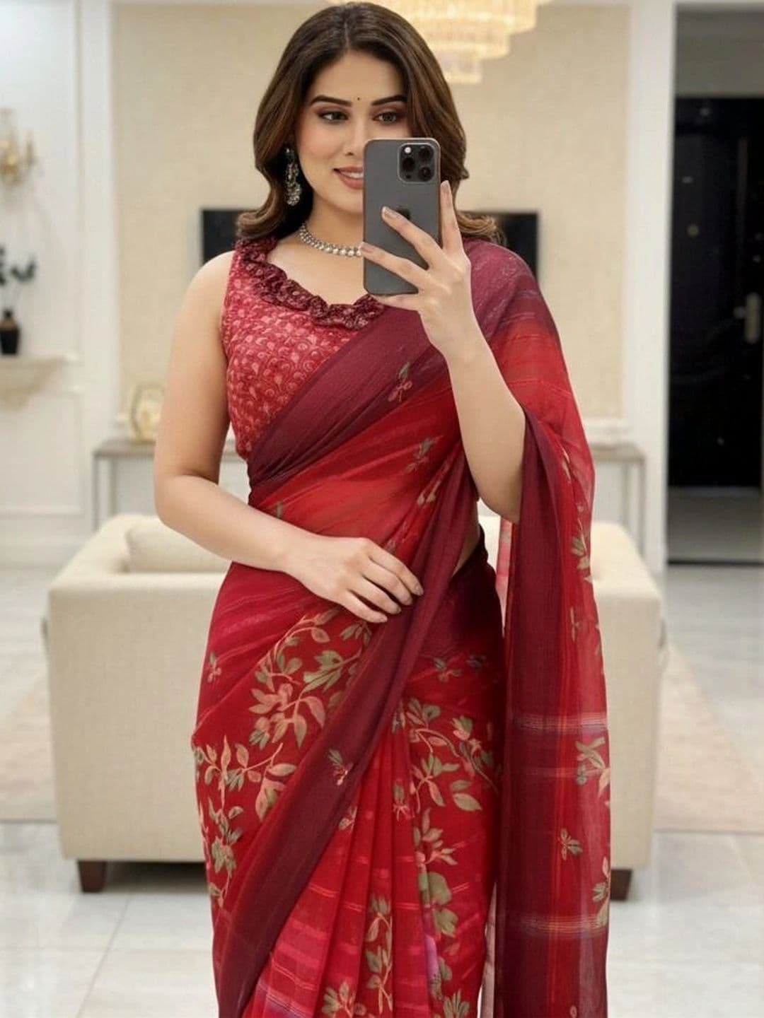 Owee Floral Pure Chiffon Designer Saree - view 1