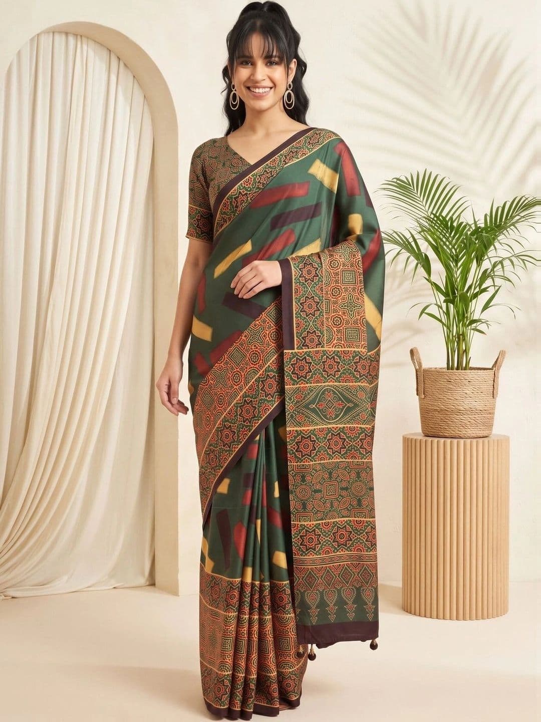 Saree mall Ethnic Motifs Silk Blend Designer Block Print Sarees - view 1