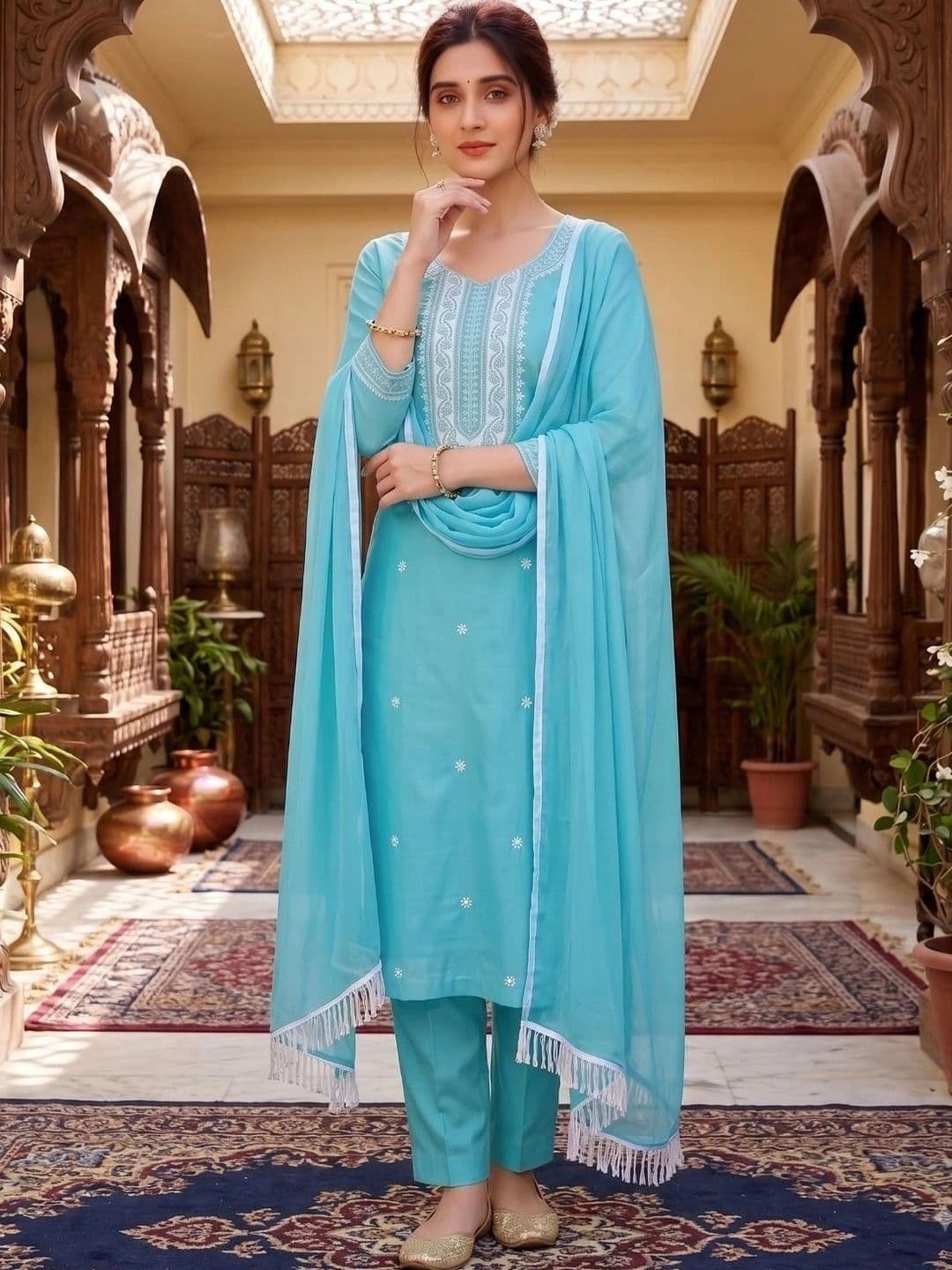 RADHEY KRISHNA CREATION Women Ethnic Motifs Embroidered Regular Thread Work Kurta with Trousers & With - view 1