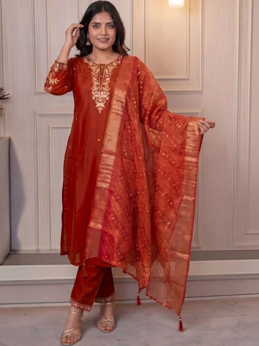FIC FUSION CULTURE Women Ethnic Motifs Embroidered Regular Thread Work Kurta with Trousers & With Dupatta - view 1