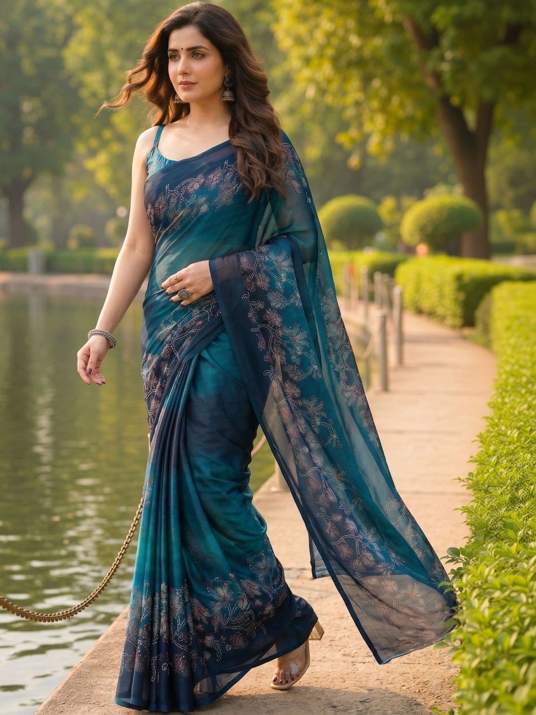 Owee Floral Zari Pure Chiffon Designer Saree - view 1