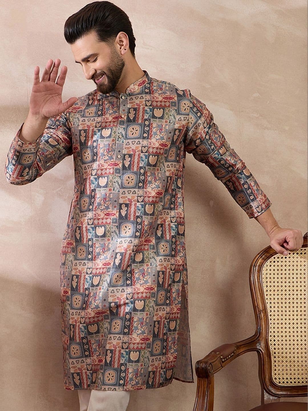 House of Pataudi Printed Mandarin Collar Calf Length Straight Kurta - view 1