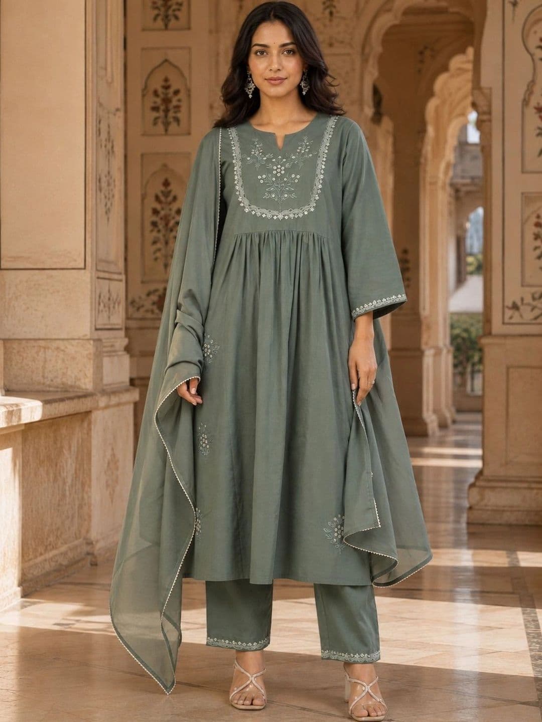 HERE&NOW Women Ethnic Motifs Embroidered Empire Thread Work Pure Cotton Kurta with Trousers & With Dupatta - view 1