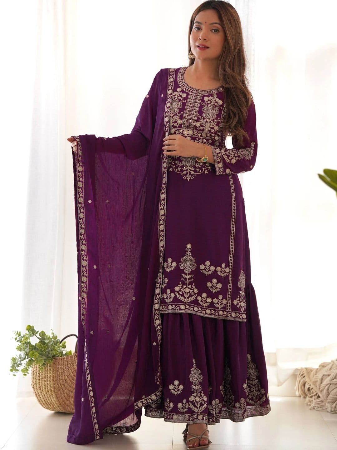 VASTRABELLA Women Ethnic Motifs Embroidered Regular Thread Work Kurta with Sharara & With Dupatta - view 1