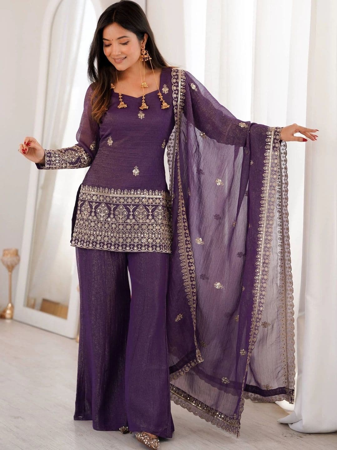 VASTRABELLA Women Ethnic Motifs Embroidered Regular Kurta with Palazzos & With Dupatta - view 1