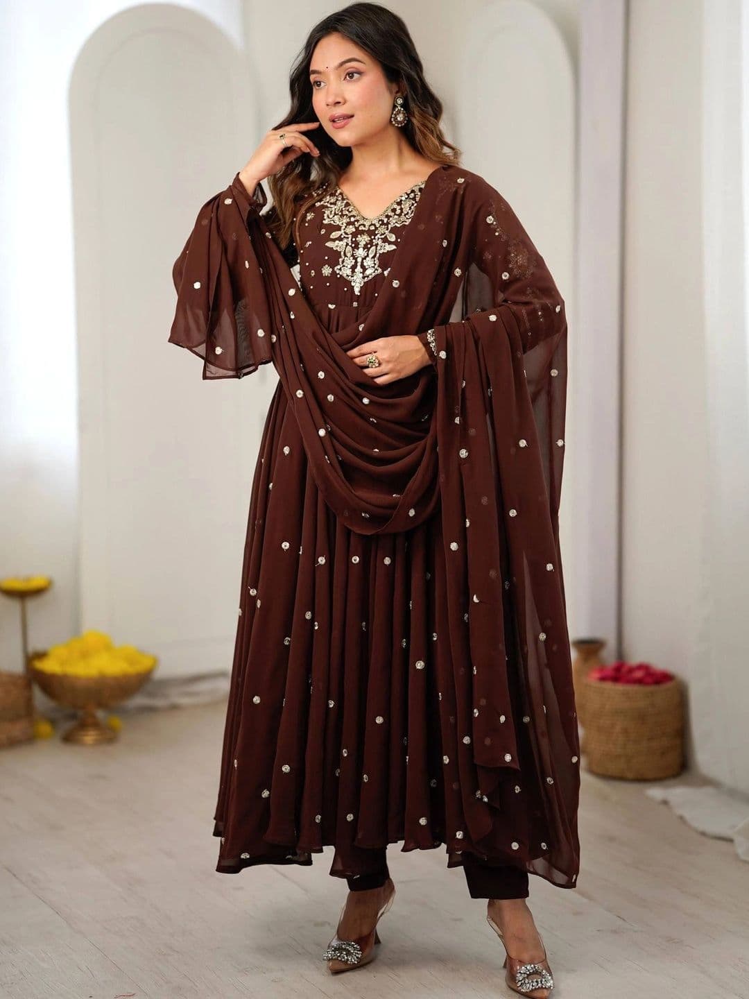 VASTRABELLA Women Ethnic Motifs Empire Silk Georgette Kurta with Churidar & With Dupatta - view 1
