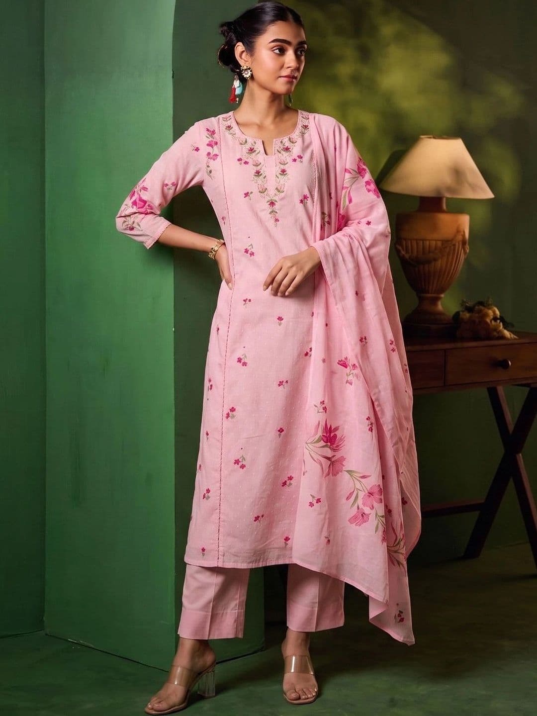 Varanga Women Floral Embroidered Regular Thread Work Kurta with Trousers & With Dupatta - view 1