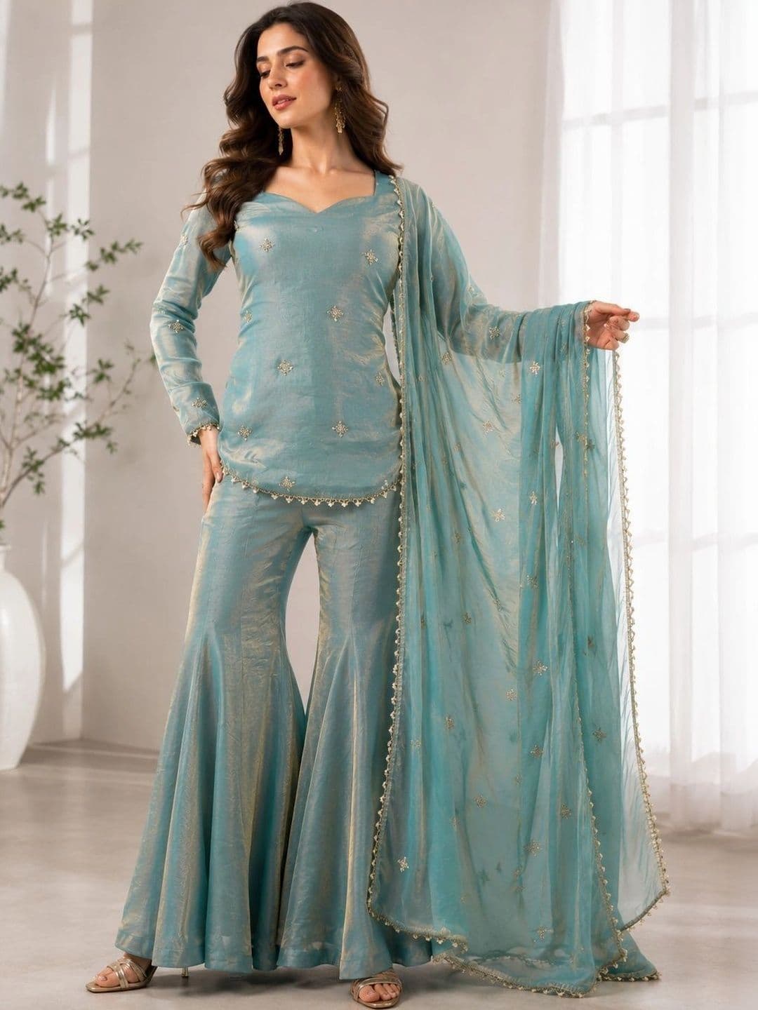 Sangria Women Ethnic Motifs Embroidered Regular Kurta with Sharara & With Dupatta - view 1