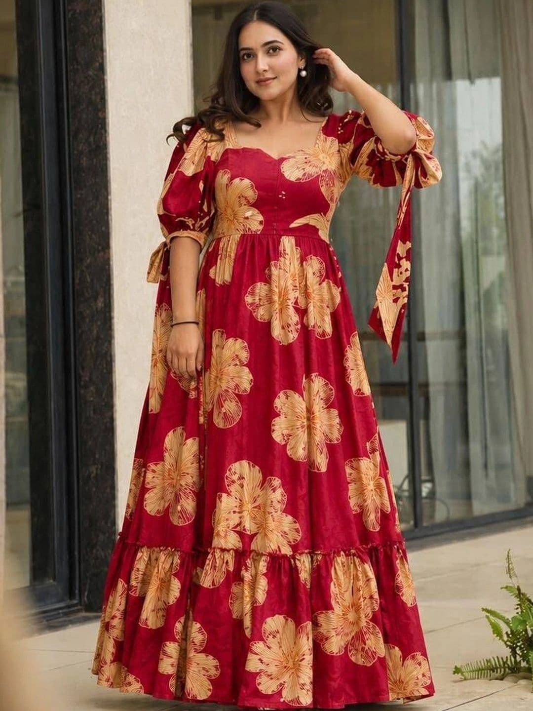 Sangria Floral Printed Cotton Sweetheart Neck Fit & Flare Maxi Ethnic Dress - view 1