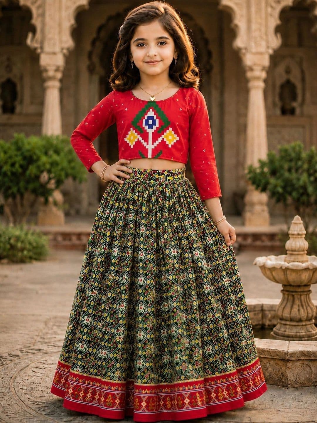 KALINI Girls Embroidered Ikat Ready to Wear Lehenga & - view 1
