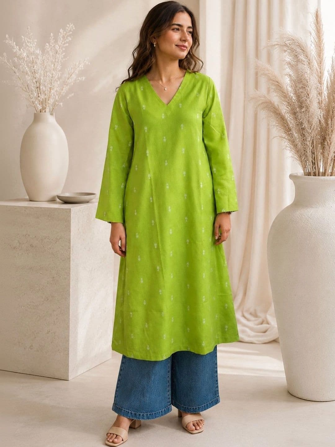 Sangria Ethnic Motifs Printed V-Neck Kurti - view 1