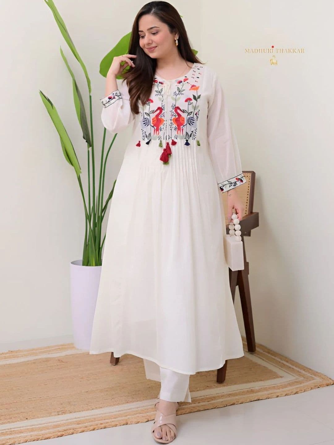 KALINI Women Floral Embroidered Empire Thread Work Pure Cotton Kurta with Trousers - view 1