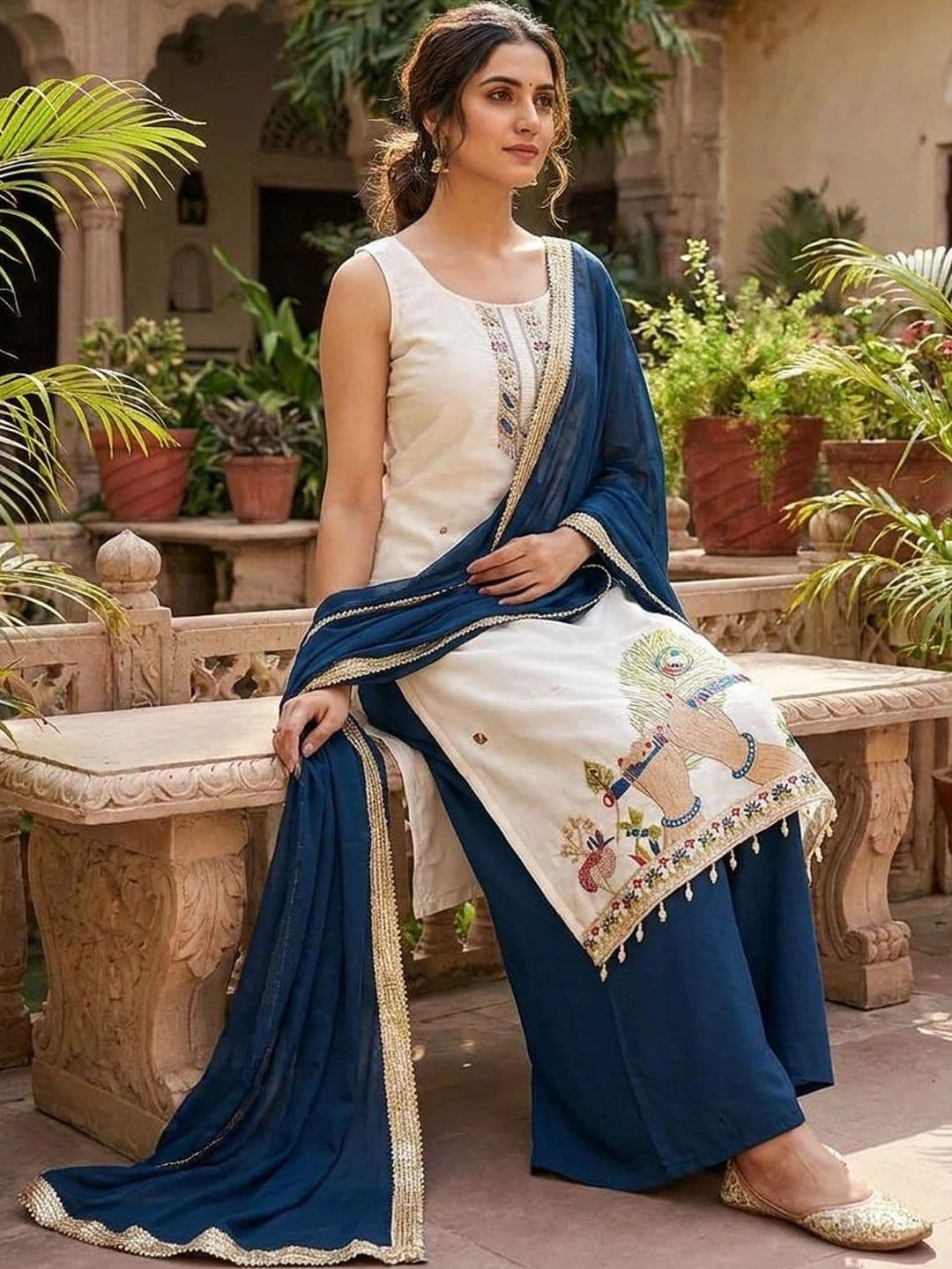 FASHION GALLERIA Ethnic Motifs Embroidered Straight Kurta With Palazzos & Dupatta - view 1