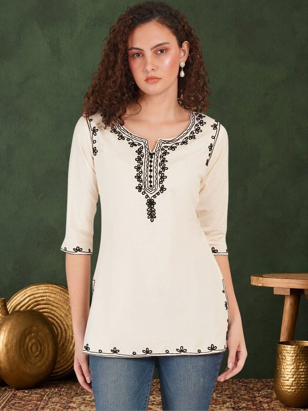 Sangria Women Embroidered Thread Work Khadi Kurta - view 1