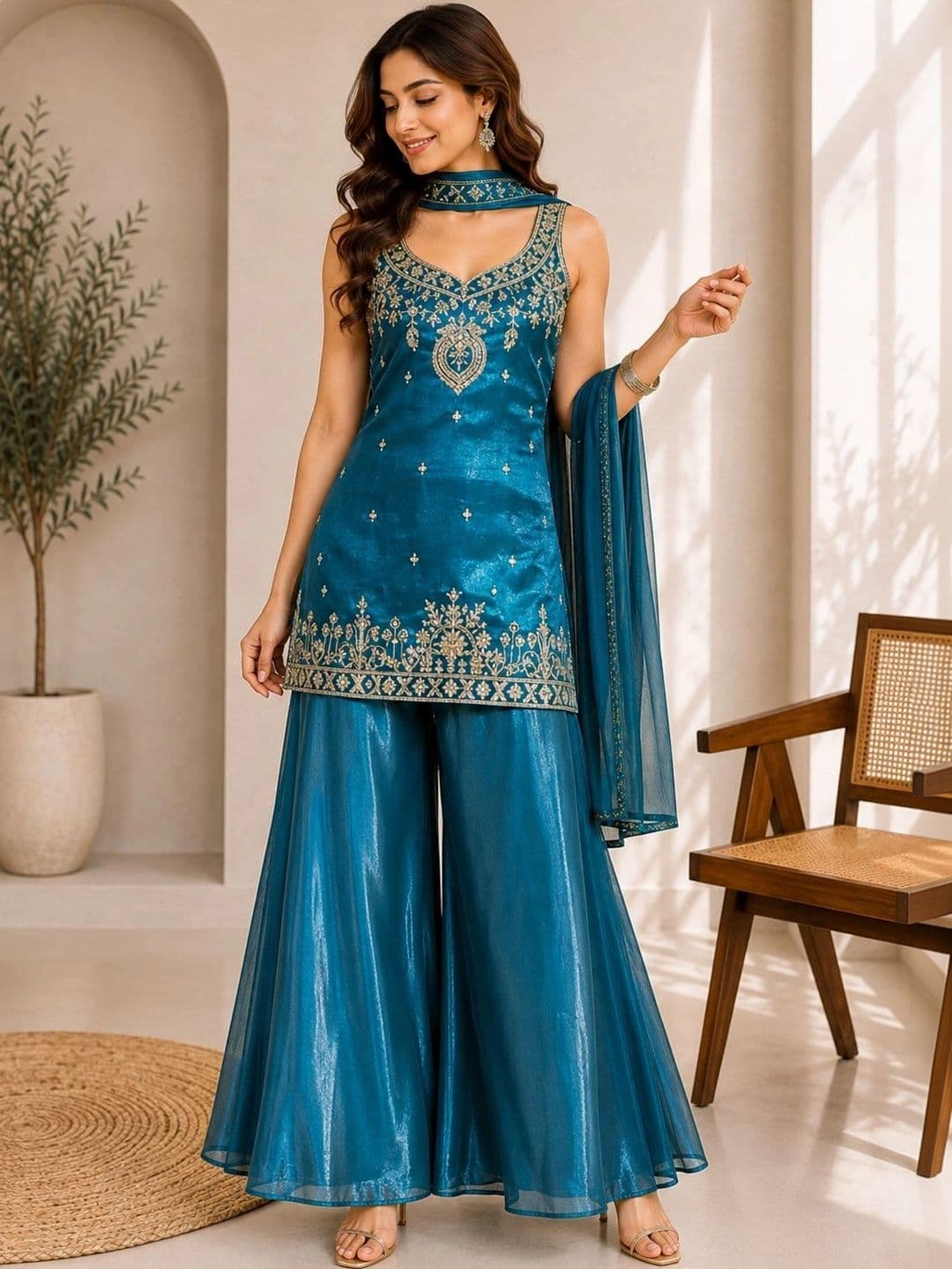 Sangria Women Ethnic Motifs Embroidered Regular Kurta with Sharara & With Dupatta - view 1