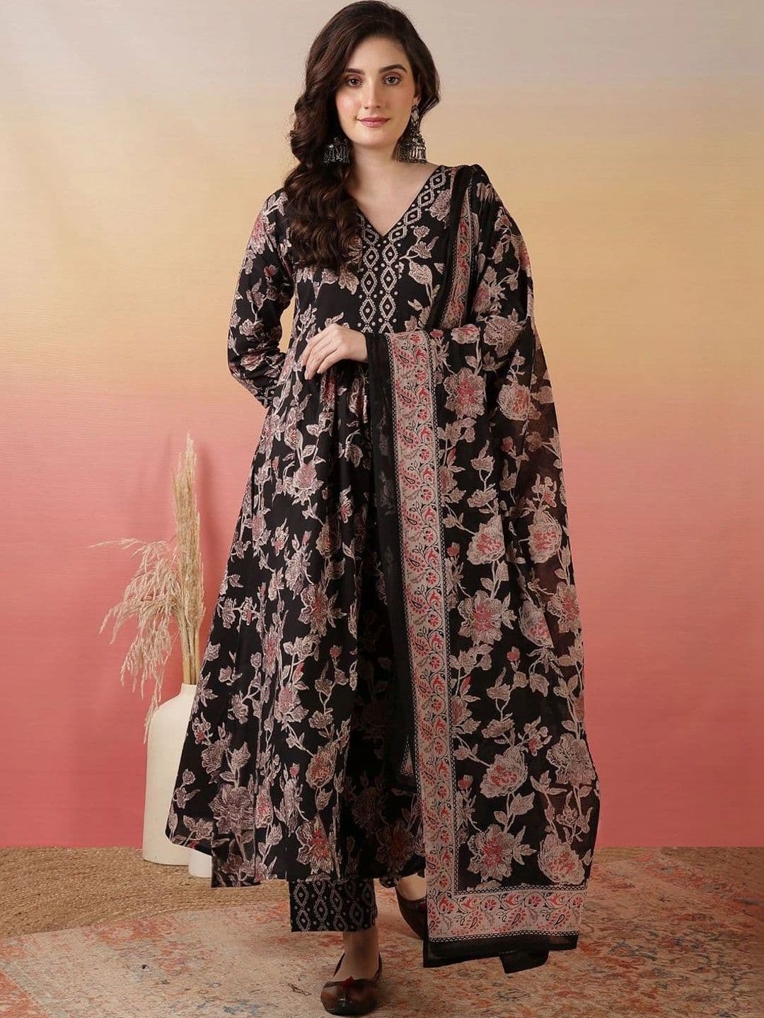 Pravik Women Floral Printed Empire Kurta with Trousers & With Dupatta - view 1