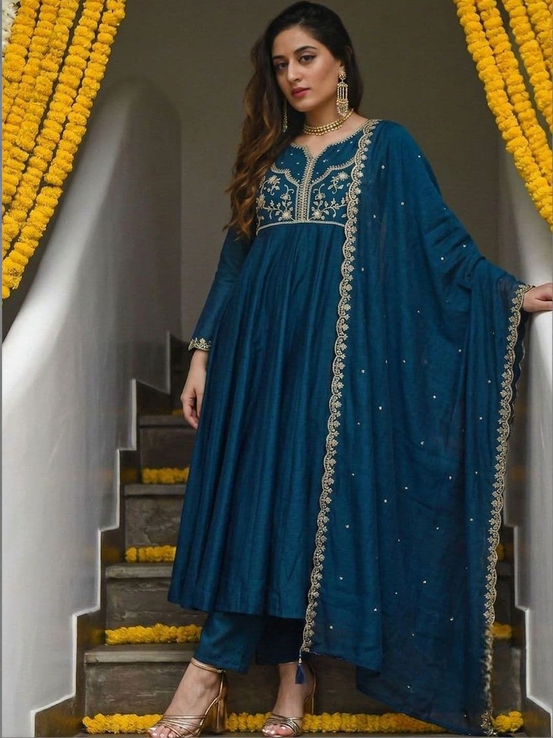 MOKOSH Women Teal Blue Embroidered Anarkali Kurta And Pant Set with Dupatta - view 1