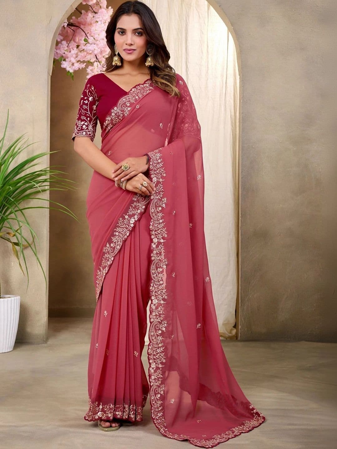 Elite Fashion Floral Embroidered Pure Georgette Heavy Work Saree - view 1