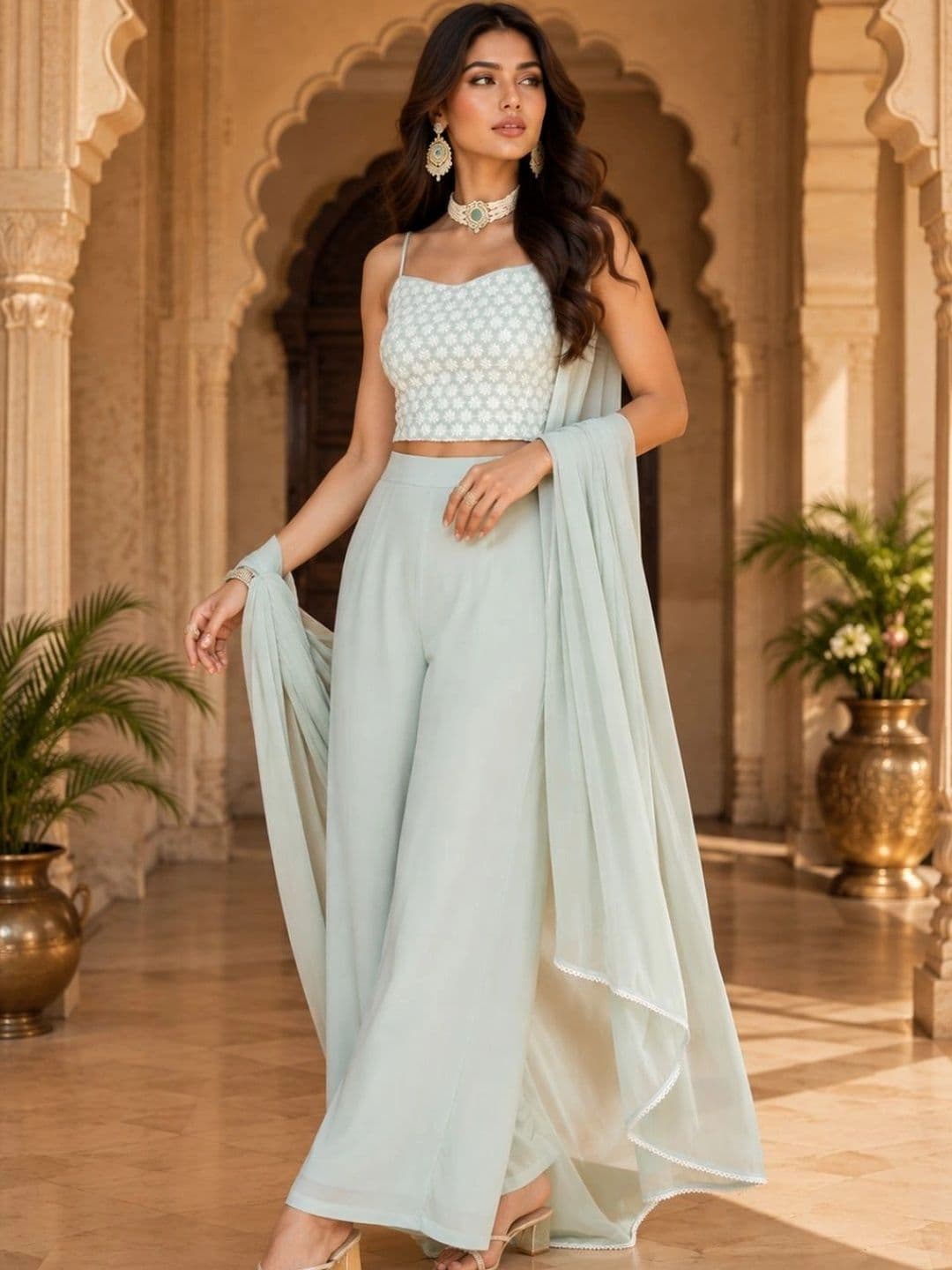 indo street Women Embroidered Crop Top Palazzo & Dupatta Co Ords - view 1