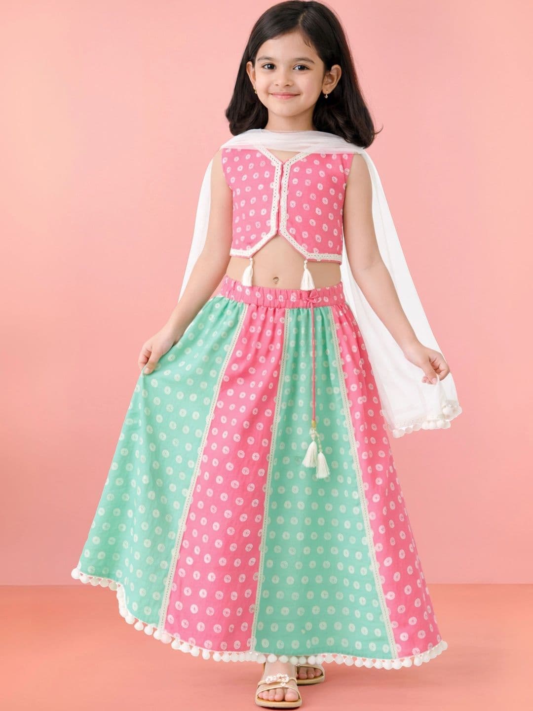 VASTRAMAY Girls Printed Mirror Work Ready to Wear Lehenga & Blouse Tassels - view 1