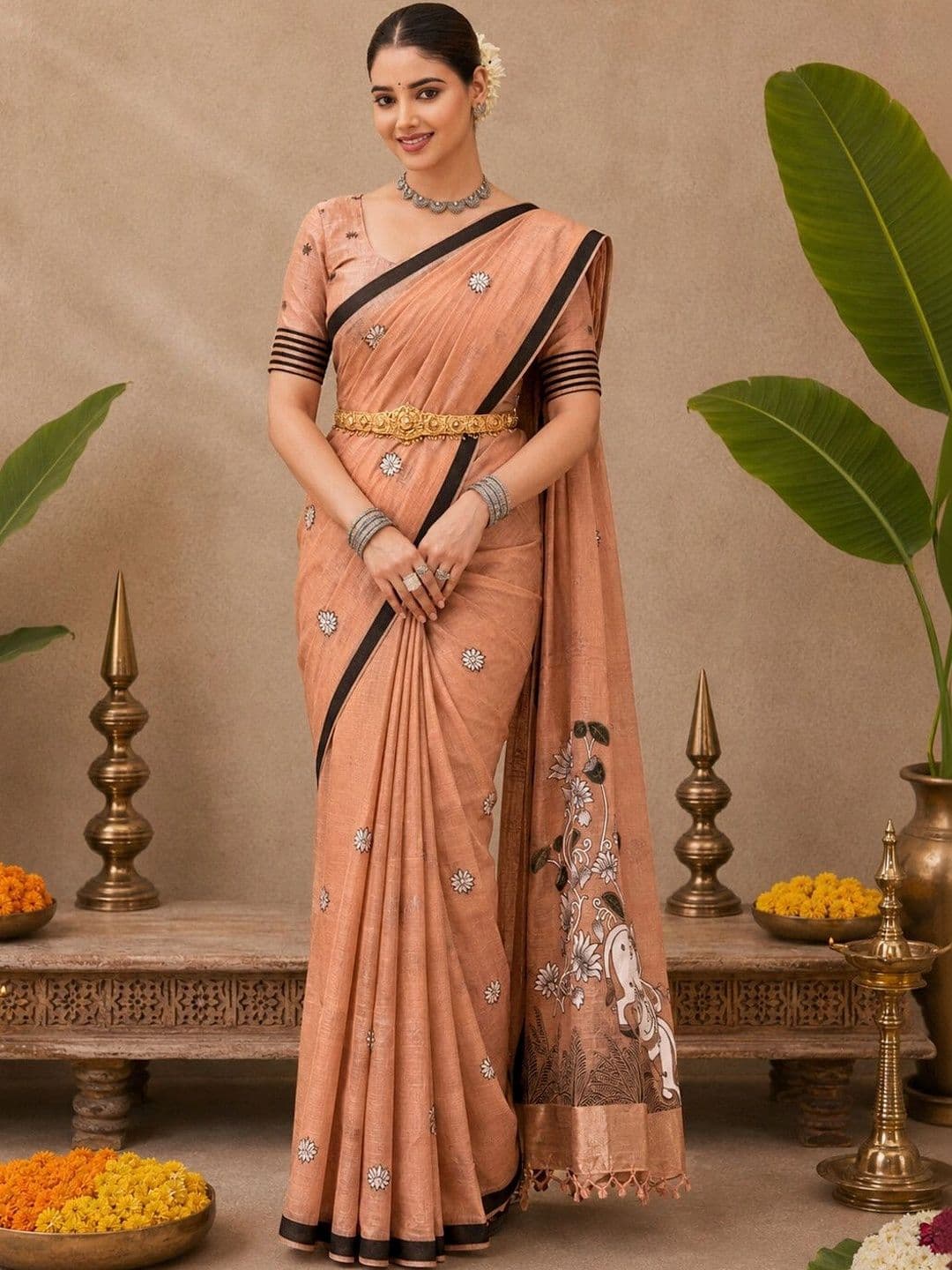 Satrani Kalamkari Silk Cotton Fusion Kasavu Saree - view 1
