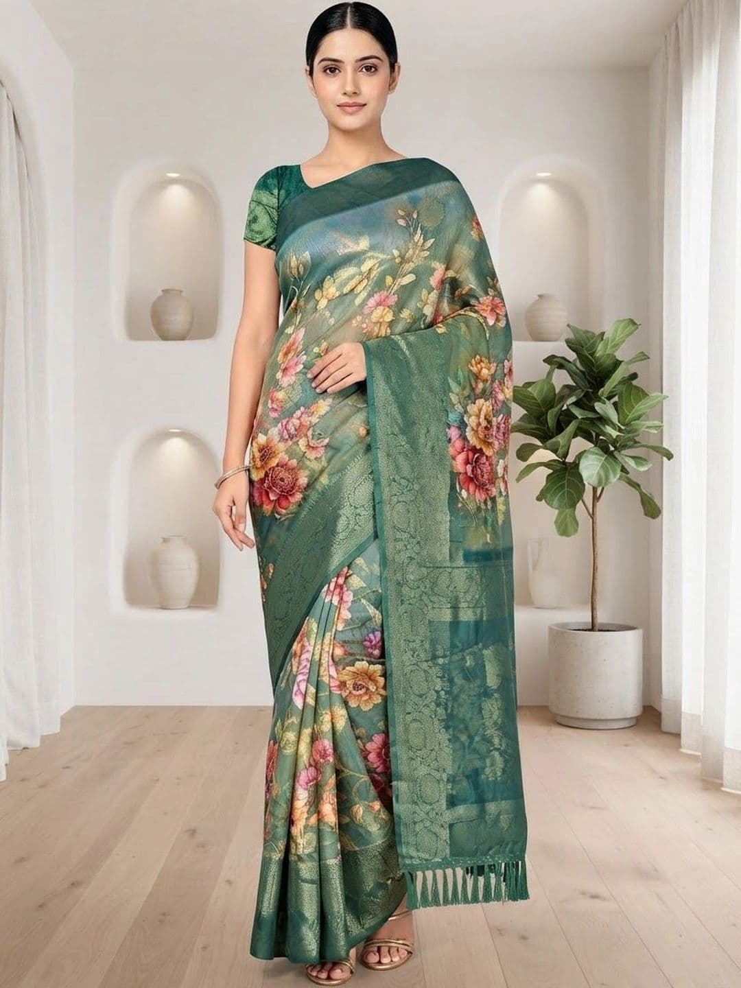 KRISHNA KURTIES Floral Zari Saree - view 1