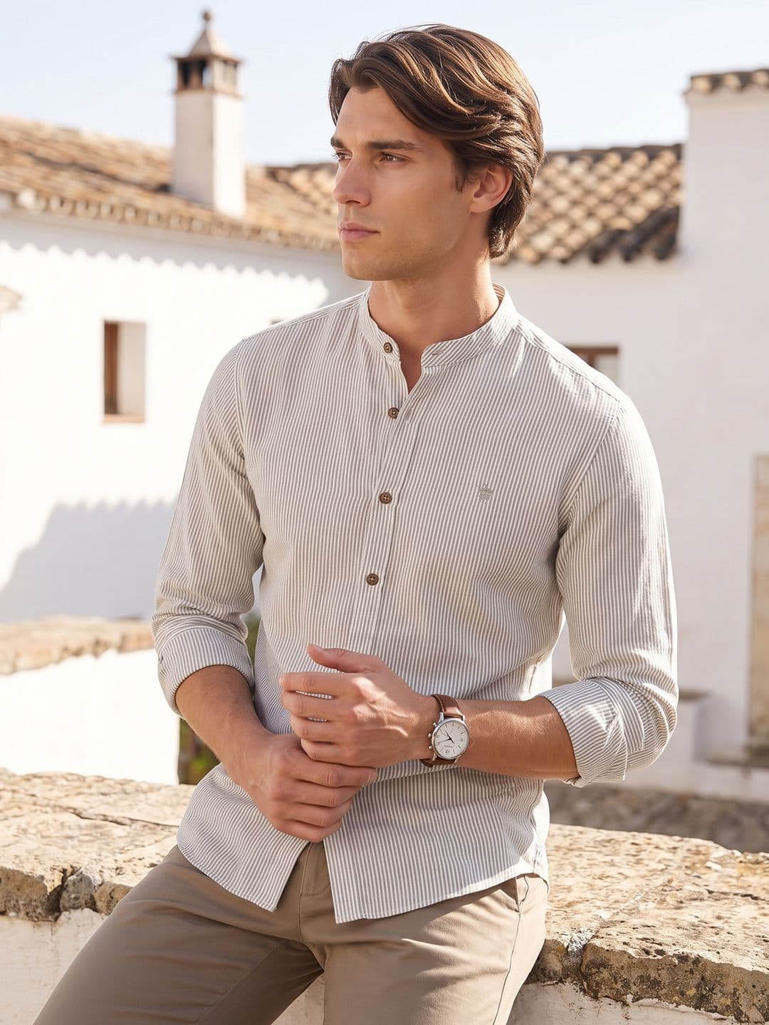 French Connection Slim Fit Vertical Striped Band Collar Cotton Linen Casual Shirt - view 1
