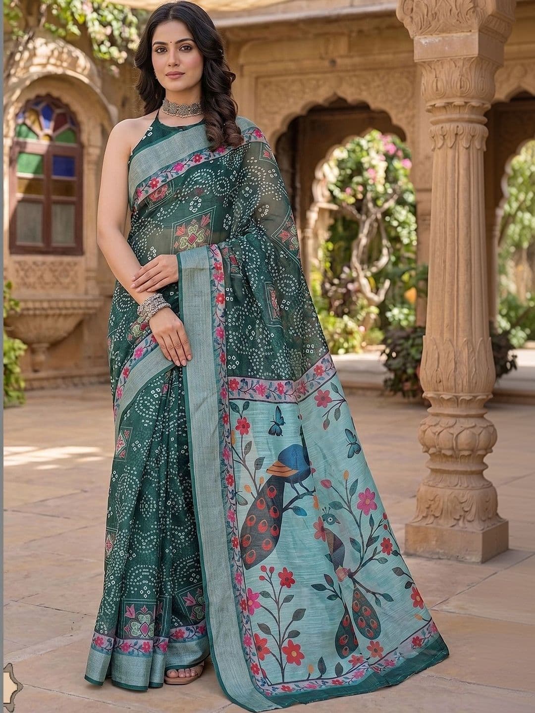 Dhaaga Ghar Sea Green Chanderi Cotton Bandhani Printed Ready To Wear Saree - view 1