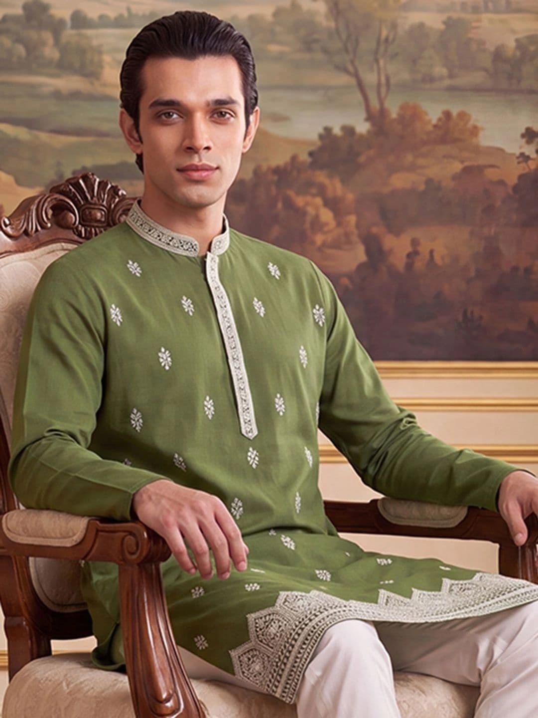 House of Pataudi Men Embroidered Thread Work Kurta - view 1