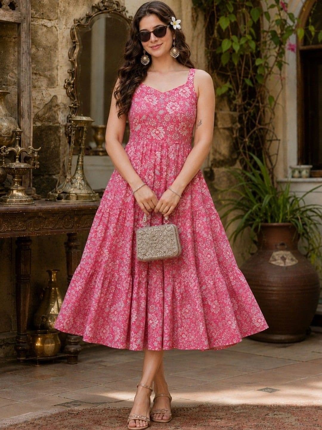 HERE&NOW Printed Cotton Sweetheart Neck A-Line Midi Dress - view 1