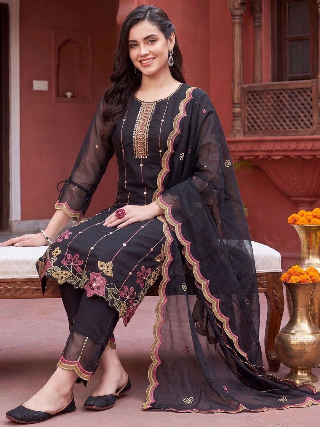 Indo Era Women Floral Embroidered Regular Thread Work Kurta with Trousers & With Dupatta - view 1