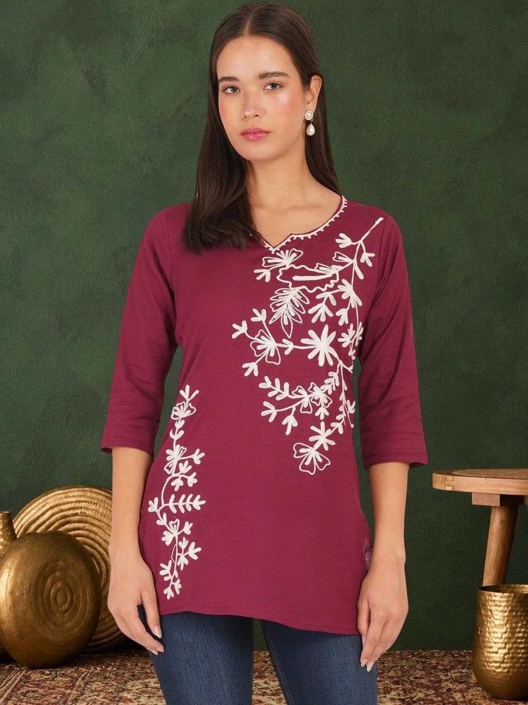 Sangria Women Floral Embroidered Thread Work Floral Khadi Kurta - view 1
