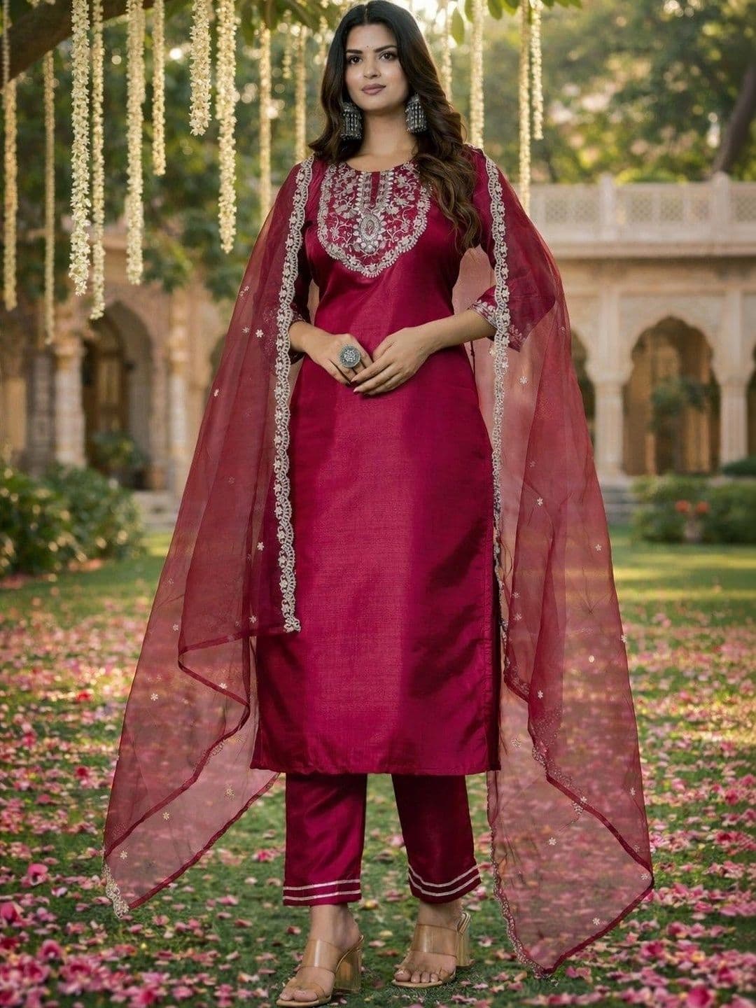 Chandbaali Women Ethnic Motifs Embroidered Regular Kurta with Trousers & With Dupatta - view 1