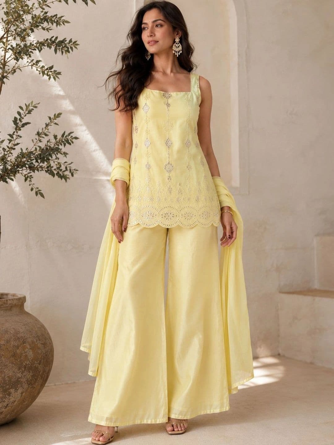 Sangria Women Ethnic Motifs Embroidered Regular Thread Work Kurta with Palazzos & With Dupatta - view 1