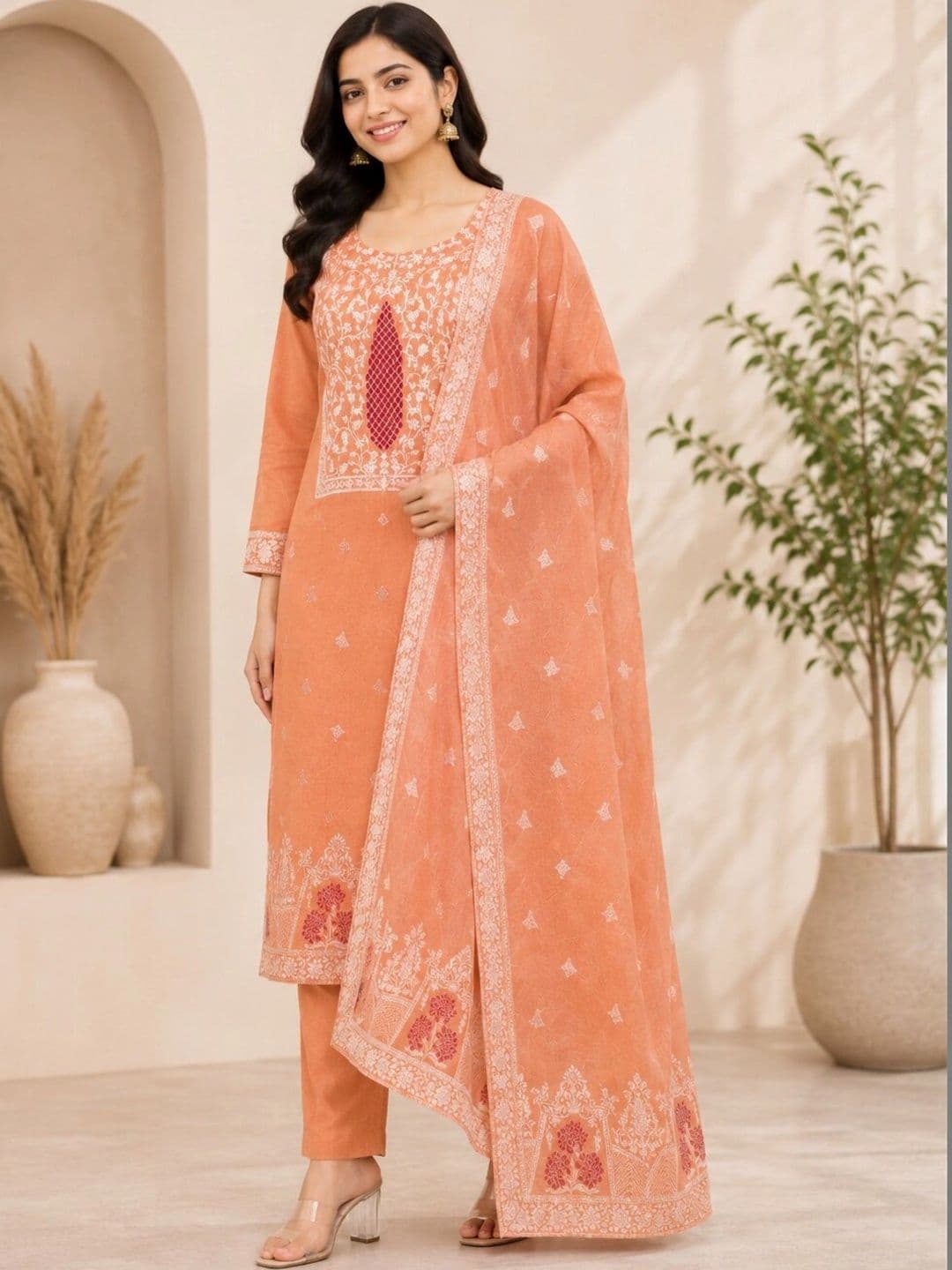 KALINI Women Ethnic Motifs Embroidered Regular Thread Work Pure Cotton Kurta with Trousers & With Dupatta - view 1