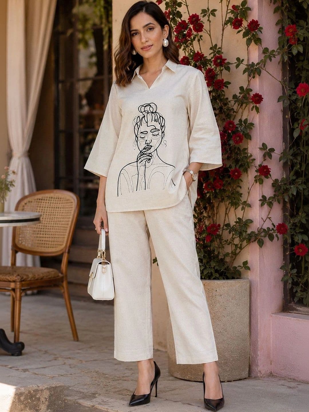 KALINI Embroidered Pure Cotton Shirt Collar Neck Tunic & Trousers Co-Ords - view 1