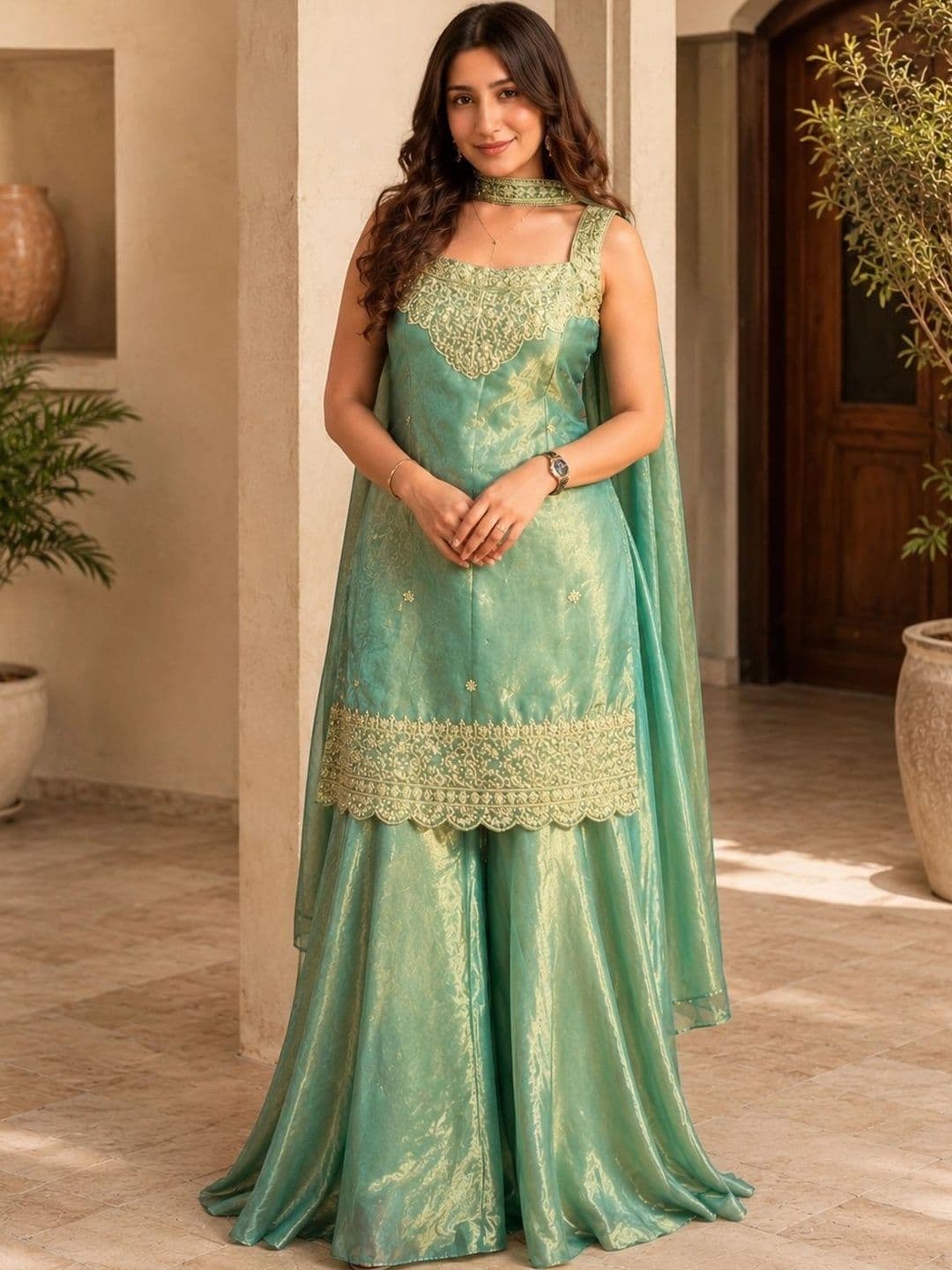 Sangria Women Ethnic Motifs Embroidered Regular Thread Work Kurta with Sharara & With Dupatta - view 1