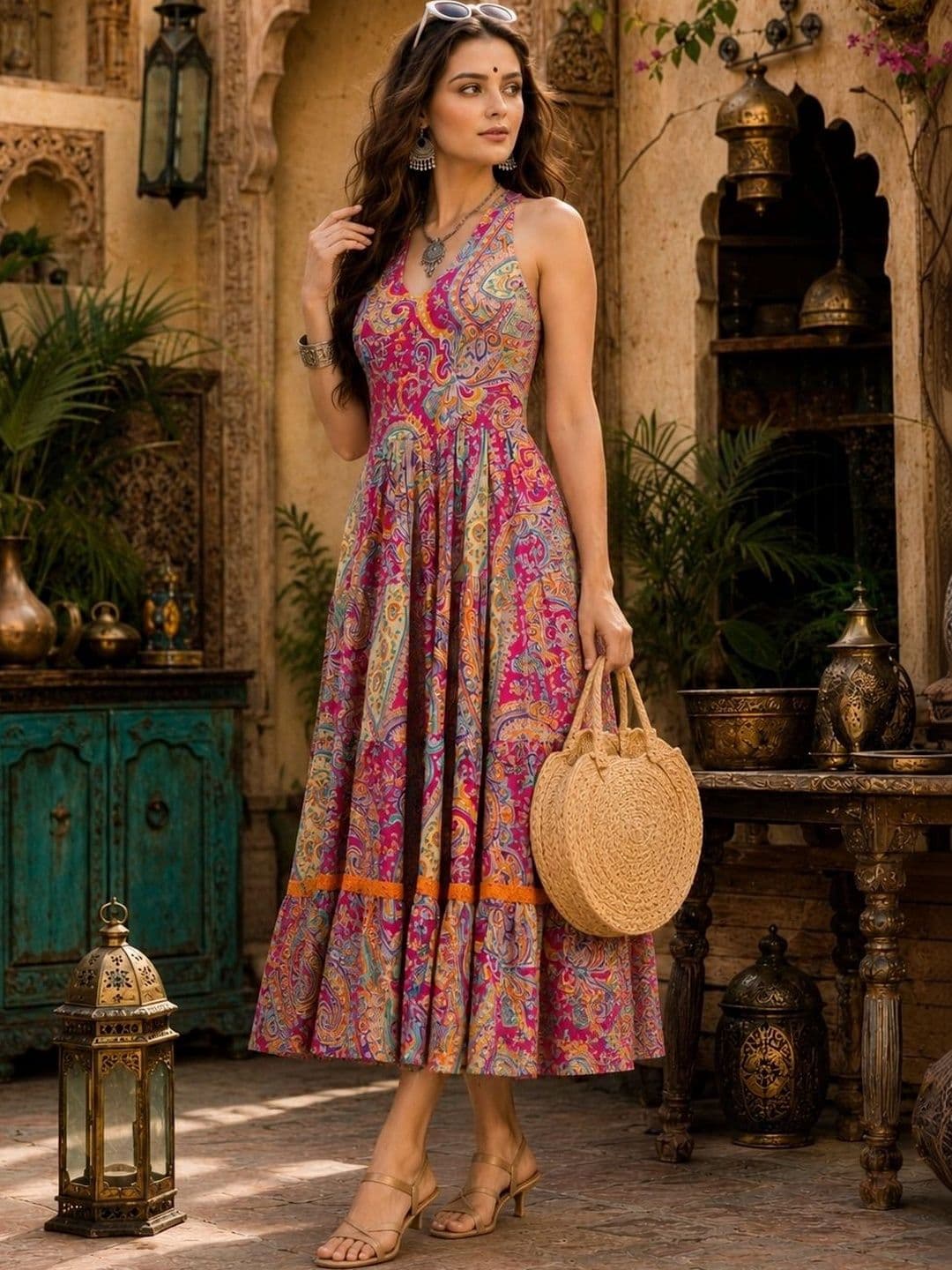 HERE&NOW Printed Cotton V-Neck Fit & Flare Midi Dresses - view 1