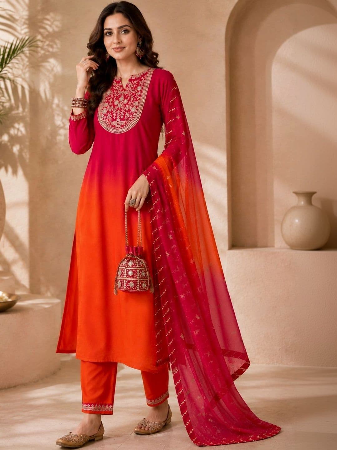 Sangria Women Ombre Embroidered Regular Thread Work Kurta with Trousers & With Dupatta - view 1