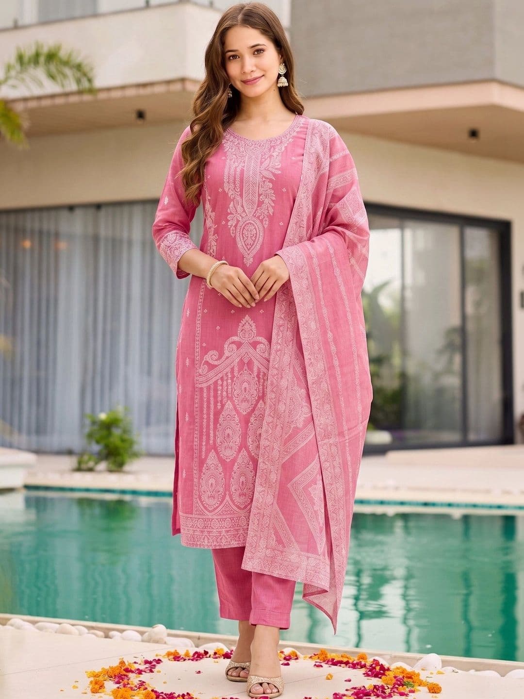 Sangria Women Ethnic Motifs Embroidered Regular Thread Work Pure Cotton Kurta with Trousers & With Dupatta - view 1