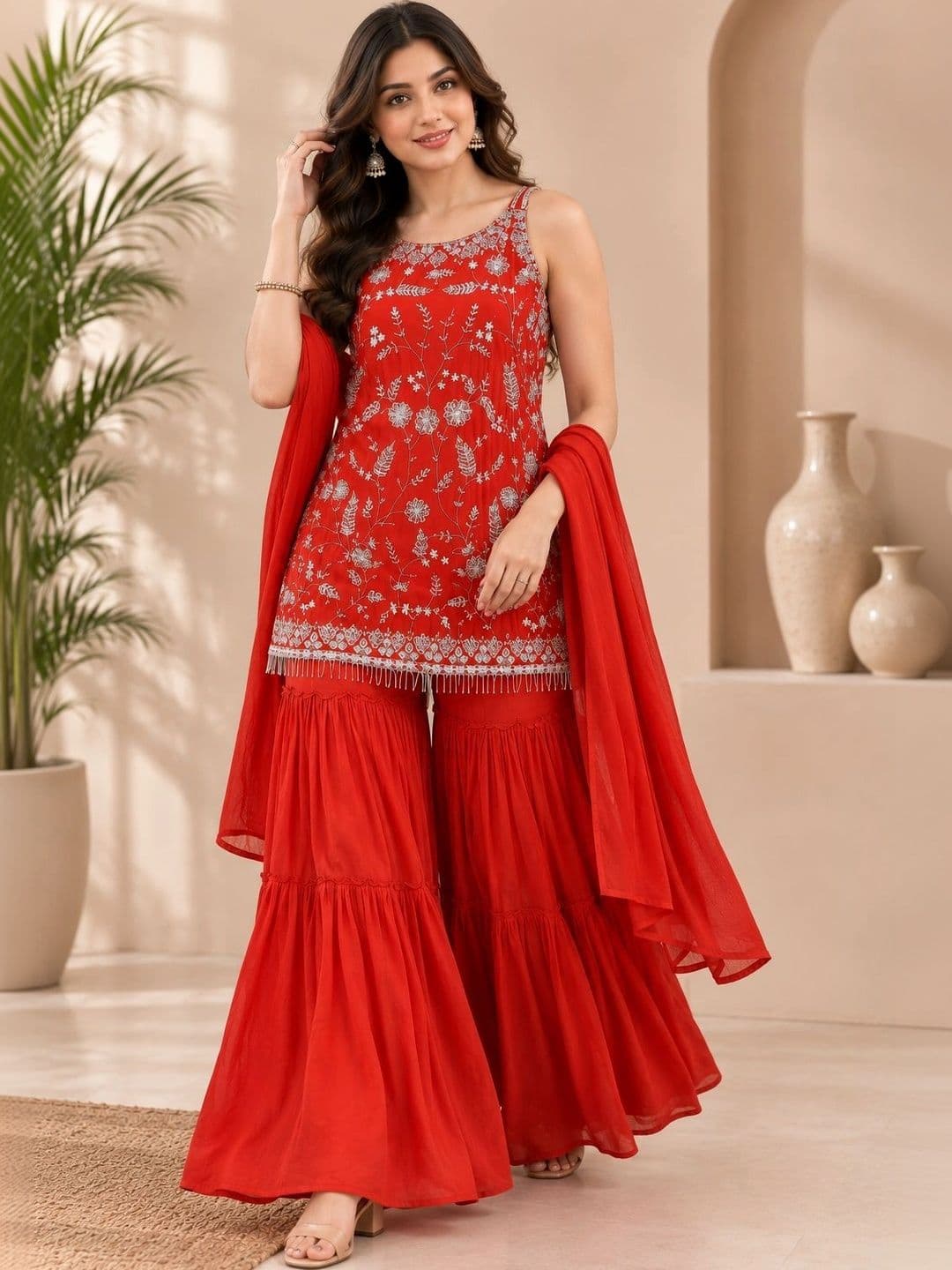 Sangria Women Floral Embroidered Regular Thread Work Kurti with Sharara & With Dupatta - view 1