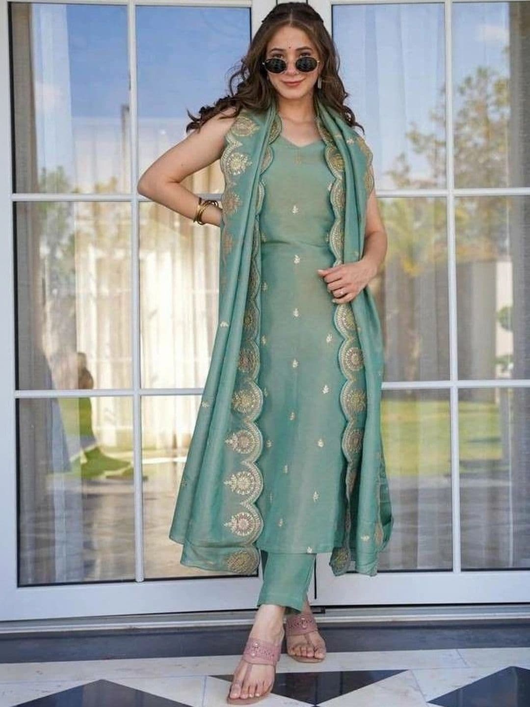 HERE&NOW Women Ethnic Motifs Embroidered Regular Chanderi Silk Kurta with Trousers & With Dupatta - view 1