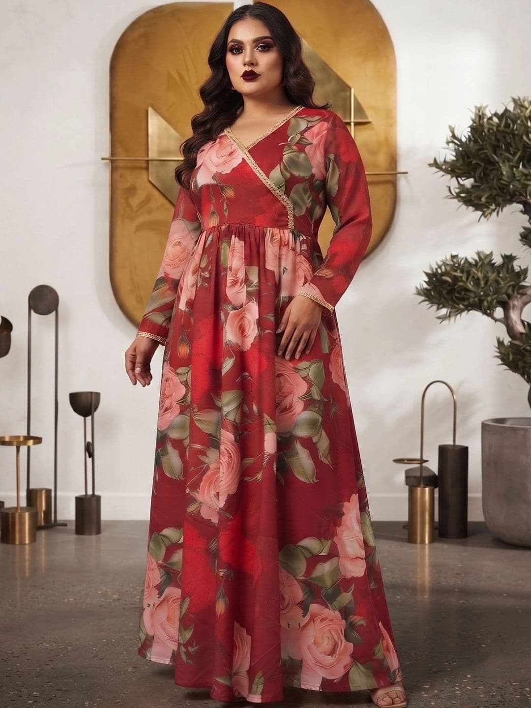 A PLUS BY AHALYAA Printed V-Neck Fit & Flare Maxi Dress - view 1