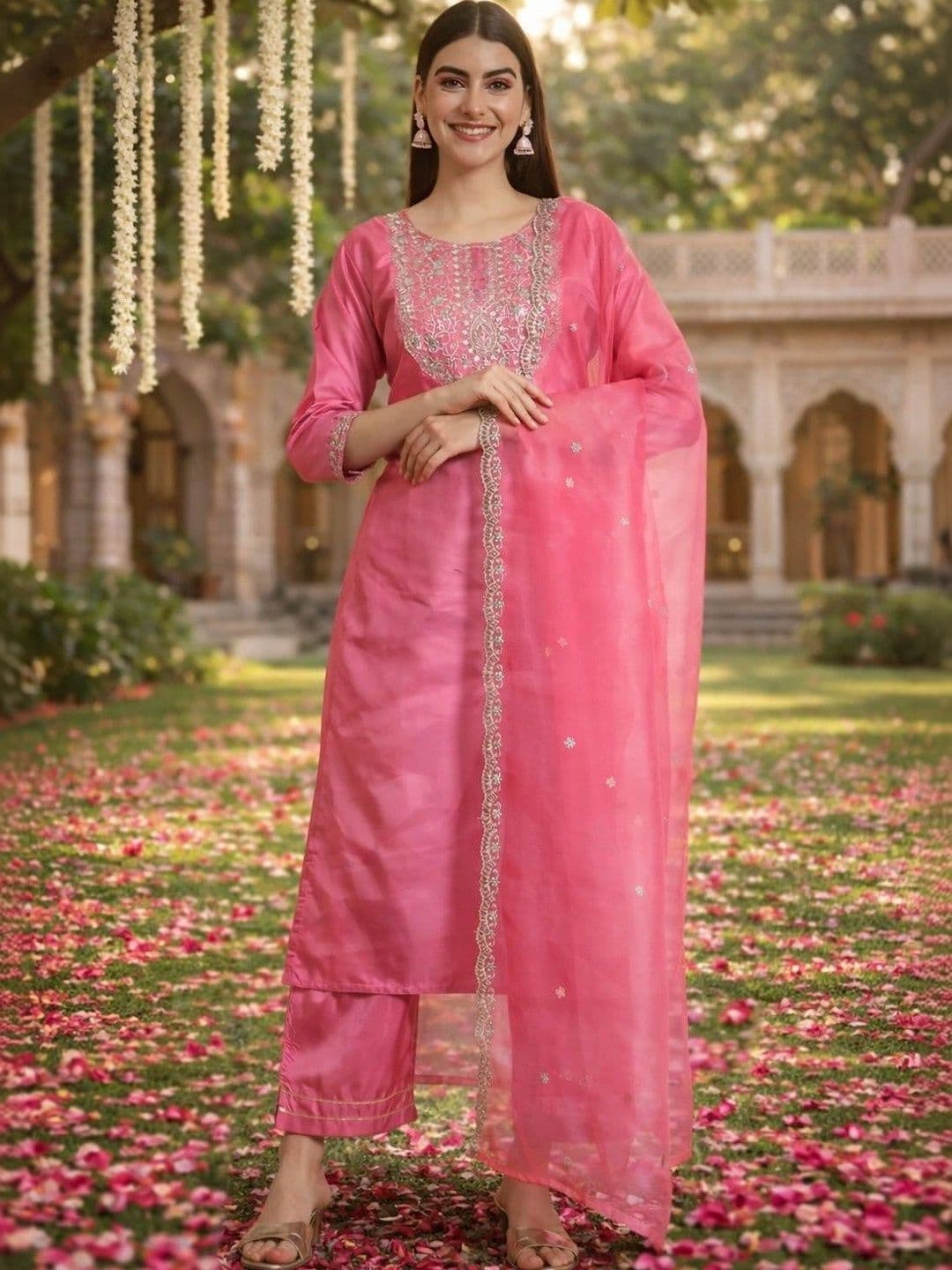 Chandbaali Women Ethnic Motifs Embroidered Regular Kurta with Trousers & With Dupatta - view 1