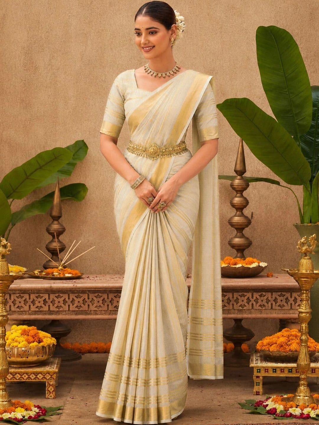 Satrani Striped Zari Silk Blend Fusion Kasavu Saree - view 1