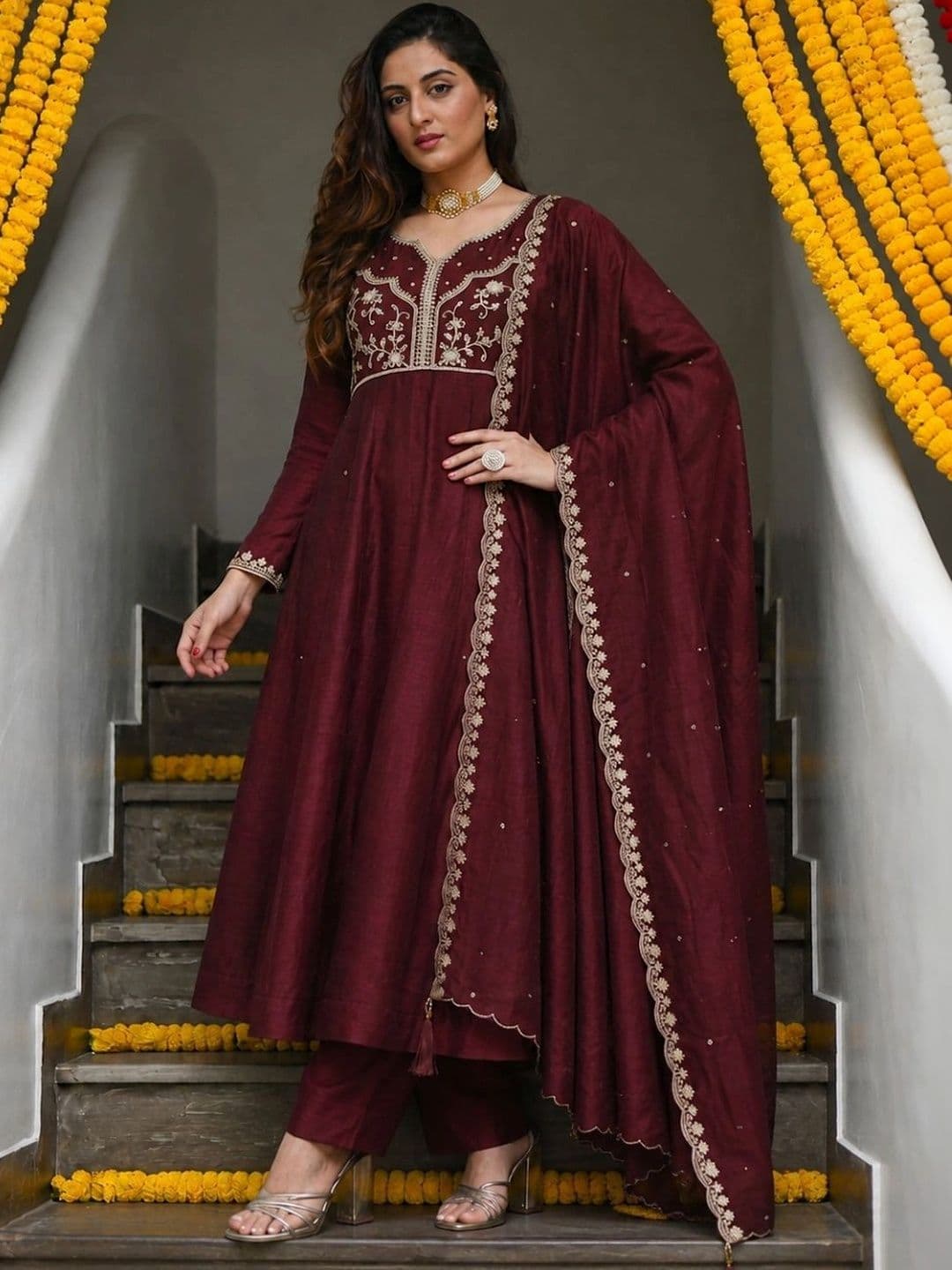 MOKOSH Women Berry Red Embroidered Anarkali Kurta And Pant Set with Dupatta - view 1